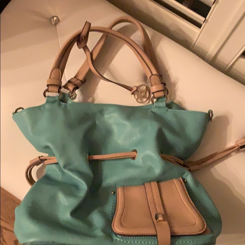 Turquoise and tan purse